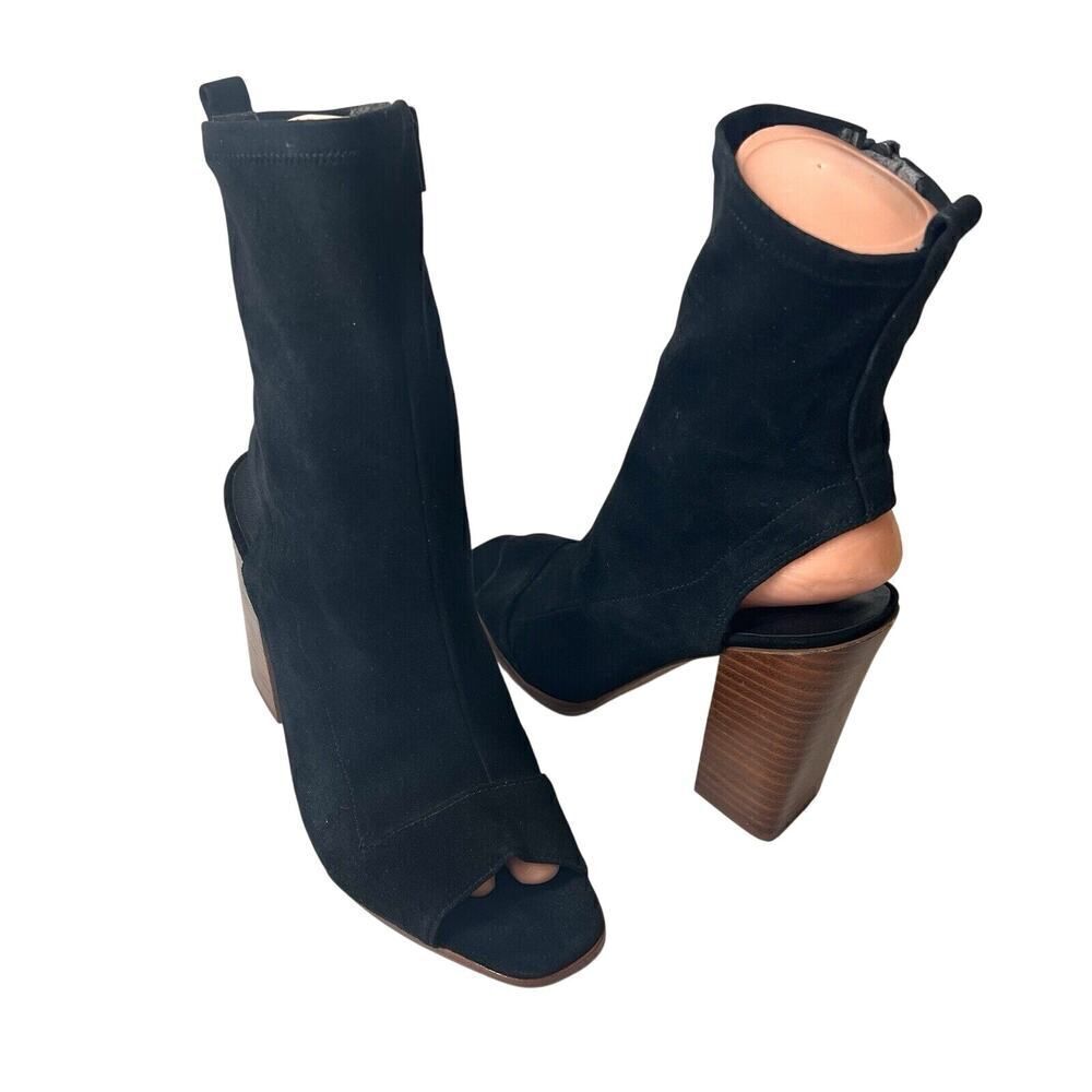 Aldo Women's Size 8 Black Suede Ultra High Heels Peep Toe Mid Calf Zip Up Bootie